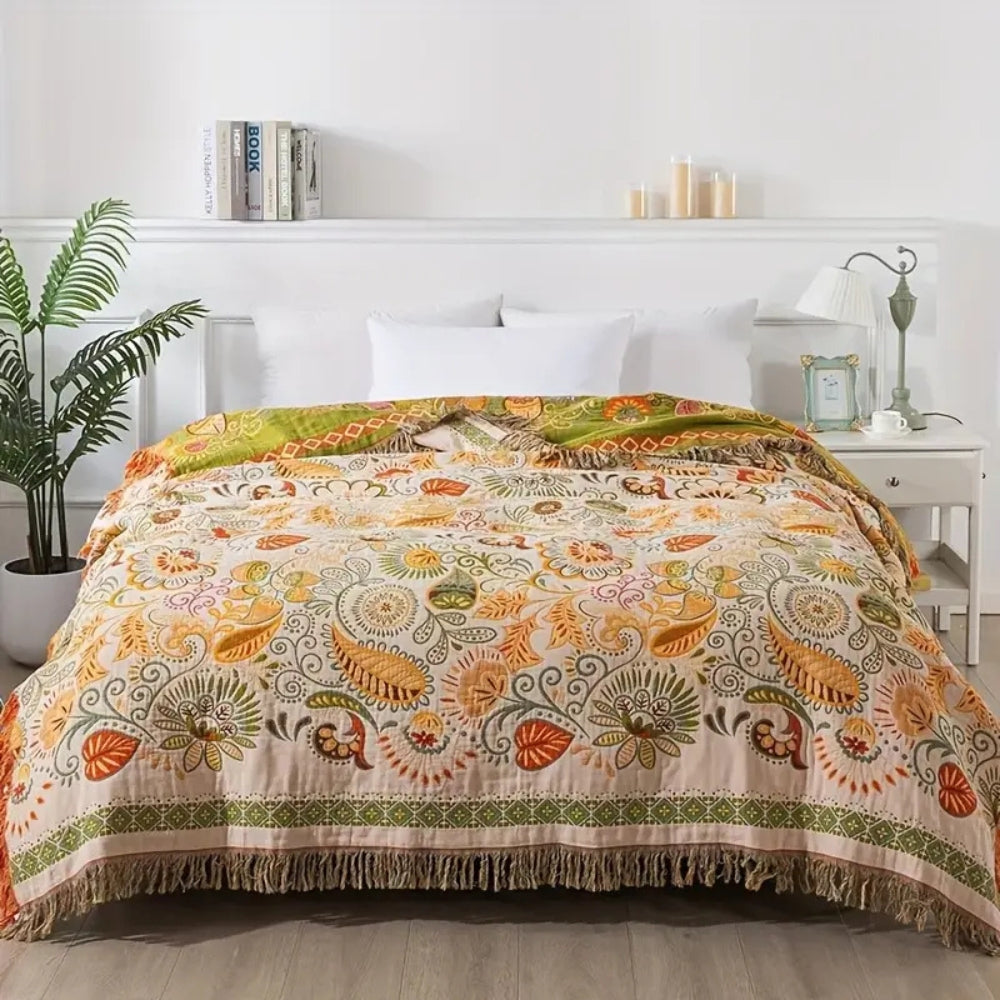 Reversible Boho Blanket, Cotton Gauze, Floral Design, 50 x 60, Lightweight with Tasselled Edges 0