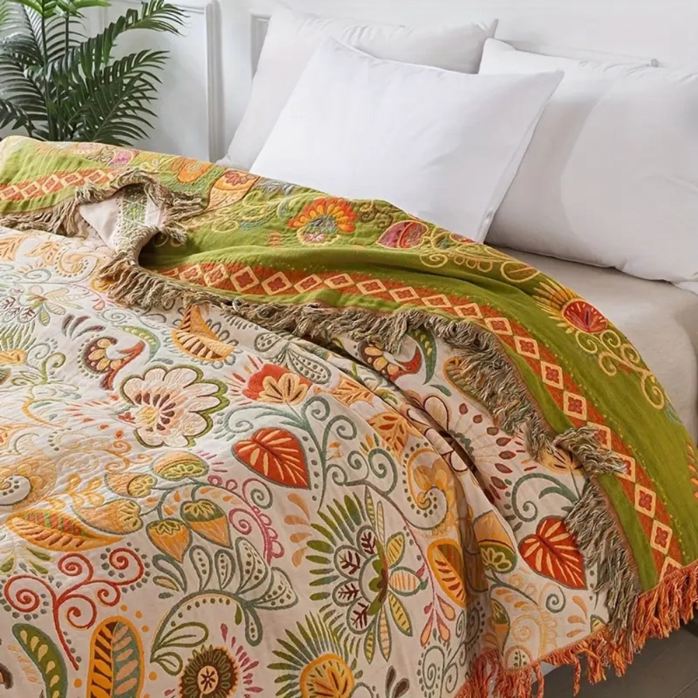 Reversible Boho Blanket, Cotton Gauze, Floral Design, 50 x 60, Lightweight with Tasselled Edges 1