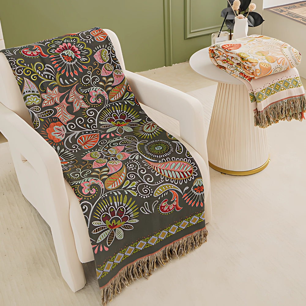 Reversible Boho Blanket, Cotton Gauze, Floral Design, 50 x 60, Lightweight with Tasselled Edges 2