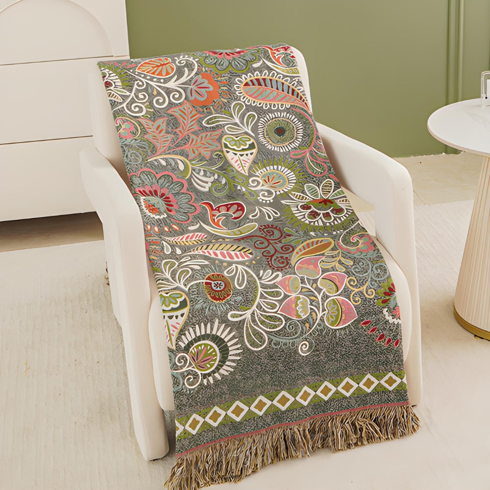 Reversible Boho Blanket, Cotton Gauze, Floral Design, 50 x 60, Lightweight with Tasselled Edges 3