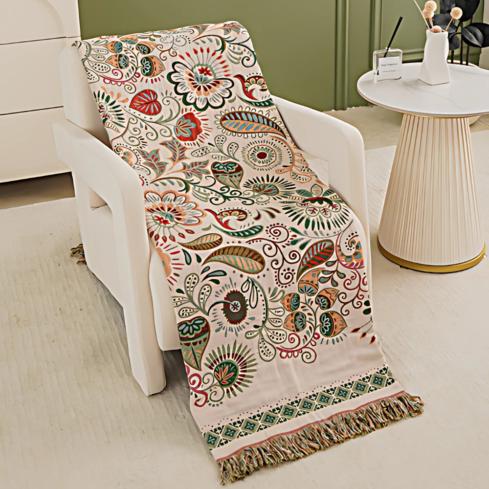 Reversible Boho Blanket, Cotton Gauze, Floral Design, 50 x 60, Lightweight with Tasselled Edges 4