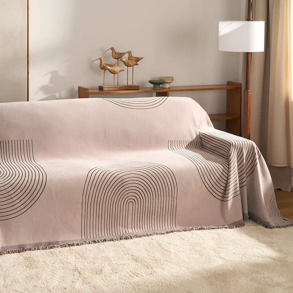 Reversible chenille sofa cover in soft beige and textured cream, designed for pet-friendly use. This cozy slipcover adds protection and style to your couch 12