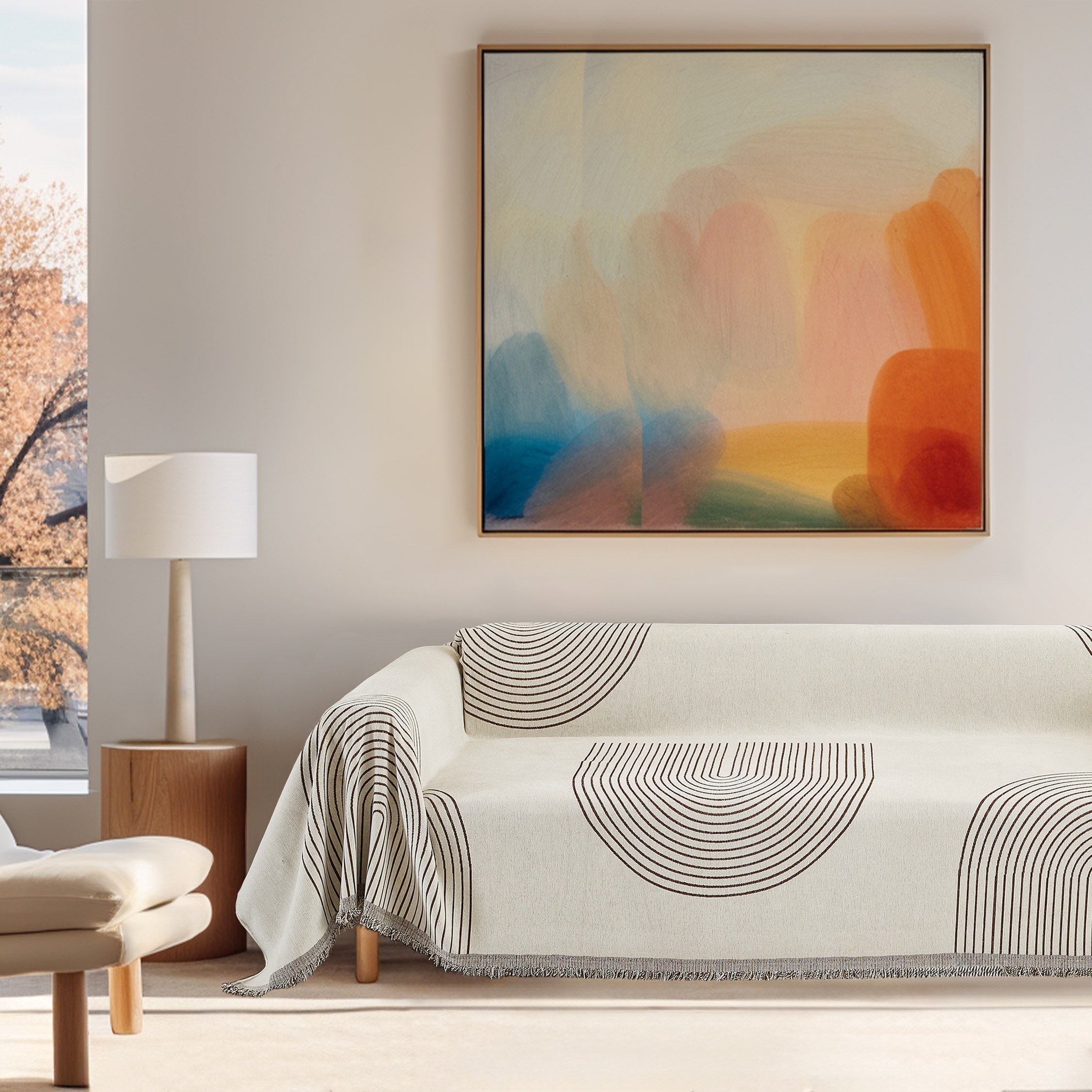 Reversible chenille sofa cover in soft beige and textured cream, designed for pet-friendly use. This cozy slipcover adds protection and style to your couch 14