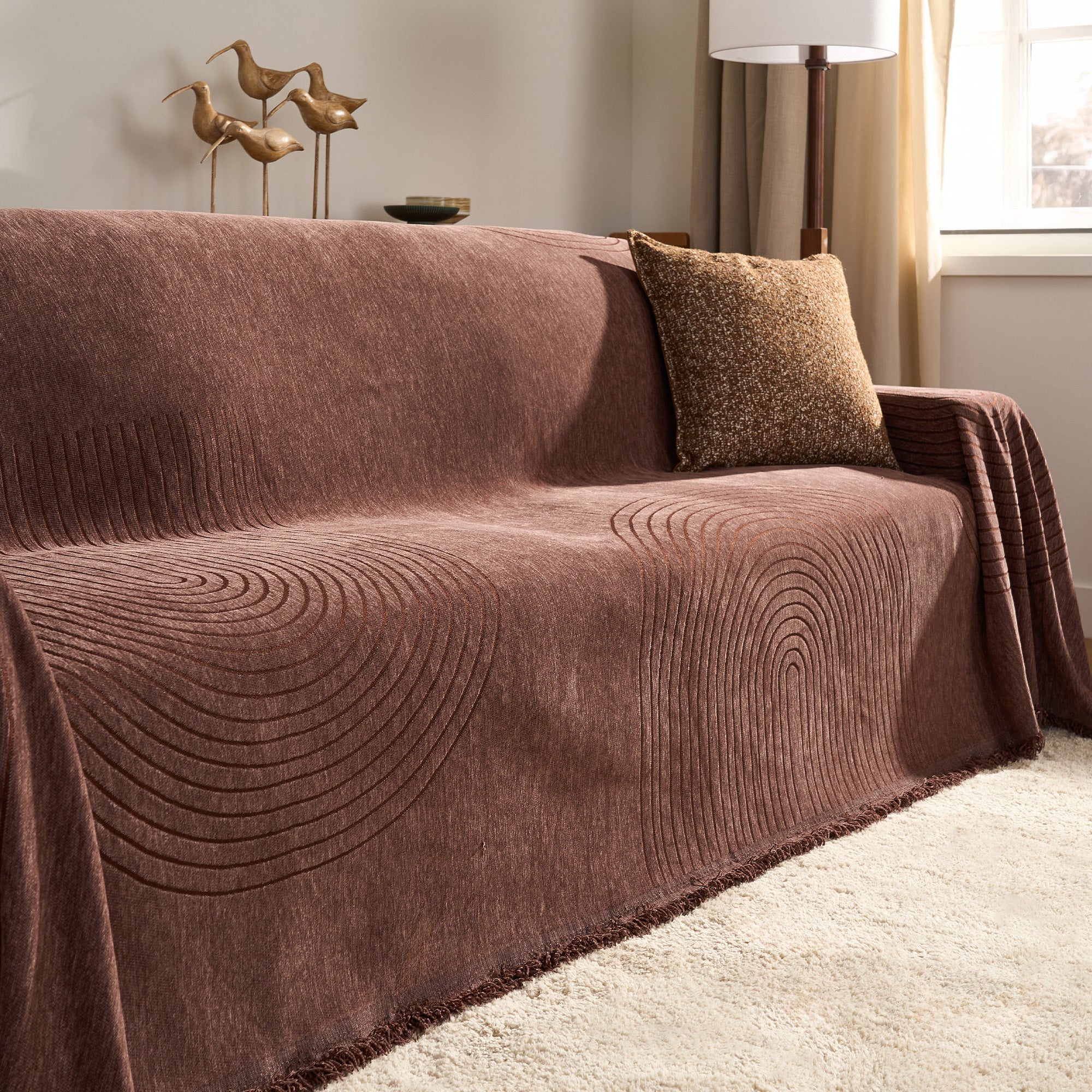 Reversible chenille sofa cover in soft beige and textured cream, designed for pet-friendly use. This cozy slipcover adds protection and style to your couch 9