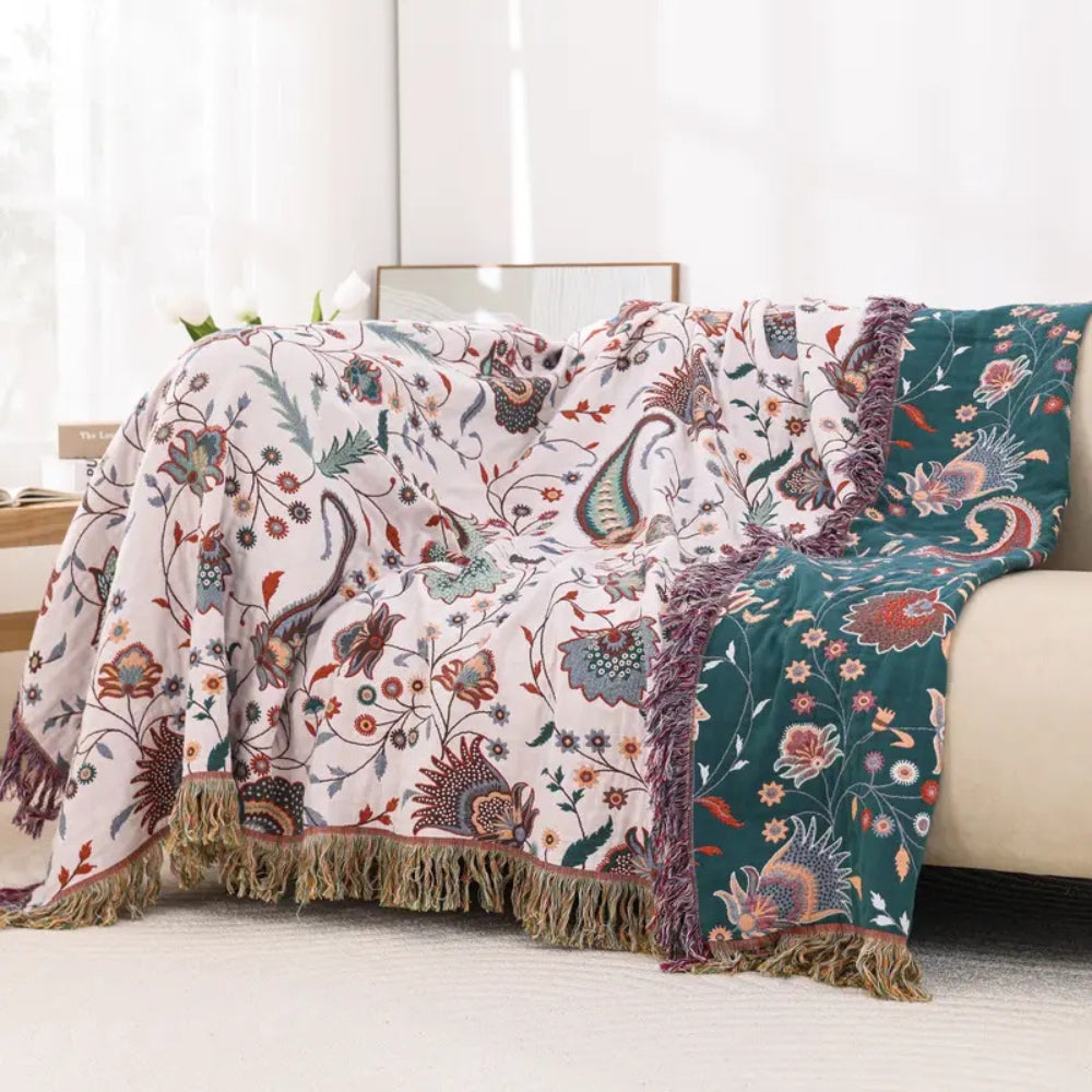 Reversible Cotton Blanket, Floral Design, 60 x 80 Inches, Soft, Machine Washable, Decorative Tassels 0