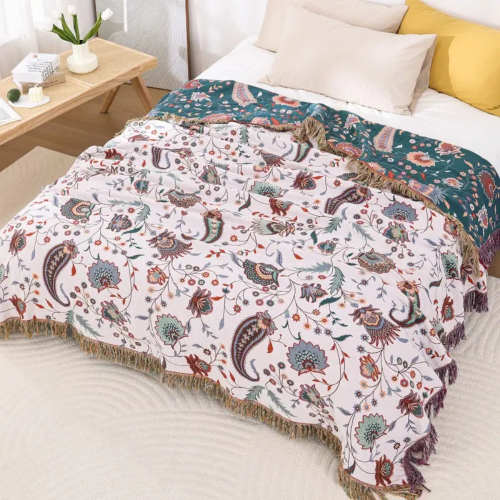 Reversible Cotton Blanket, Floral Design, 60 x 80 Inches, Soft, Machine Washable, Decorative Tassels 1