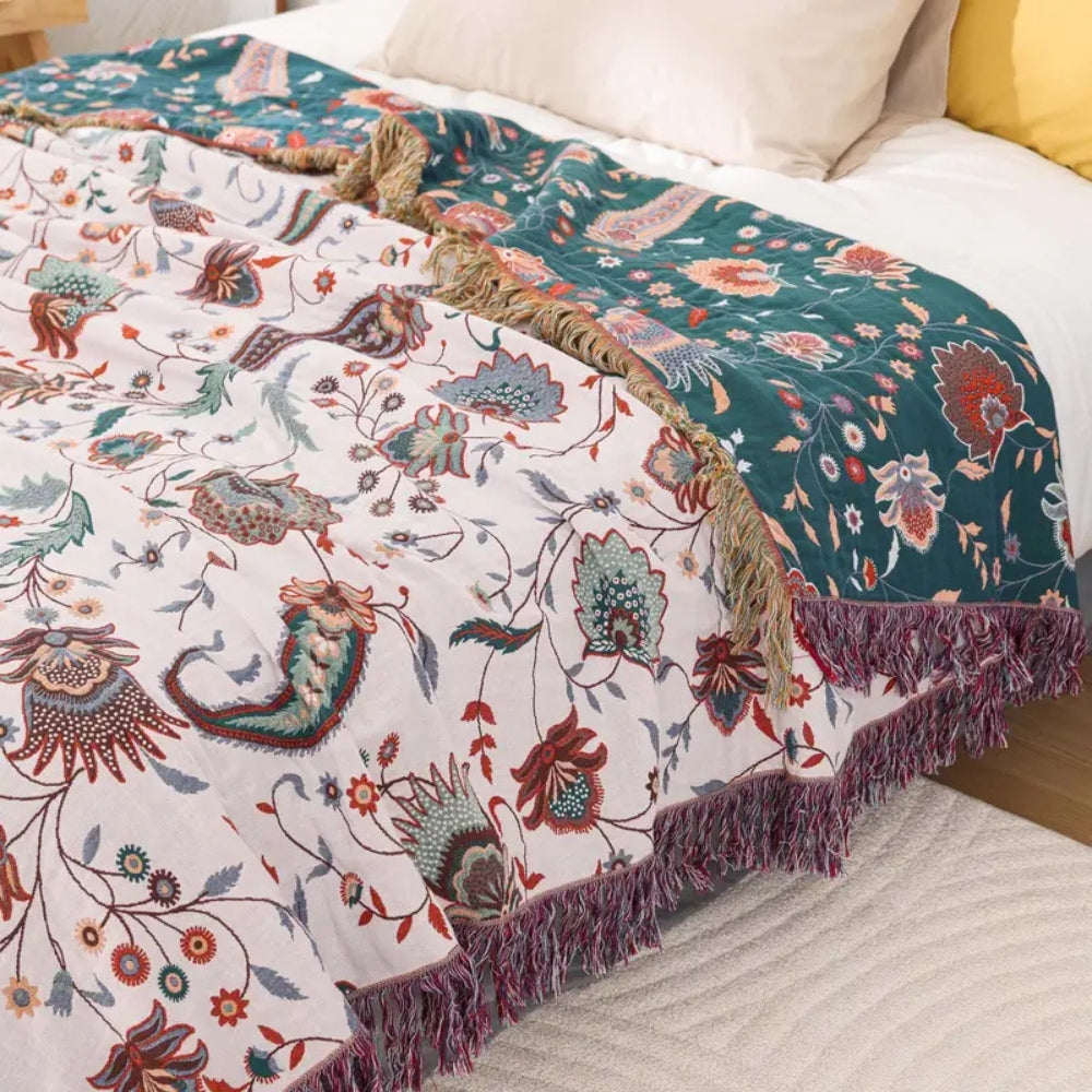 Reversible Cotton Blanket, Floral Design, 60 x 80 Inches, Soft, Machine Washable, Decorative Tassels 4
