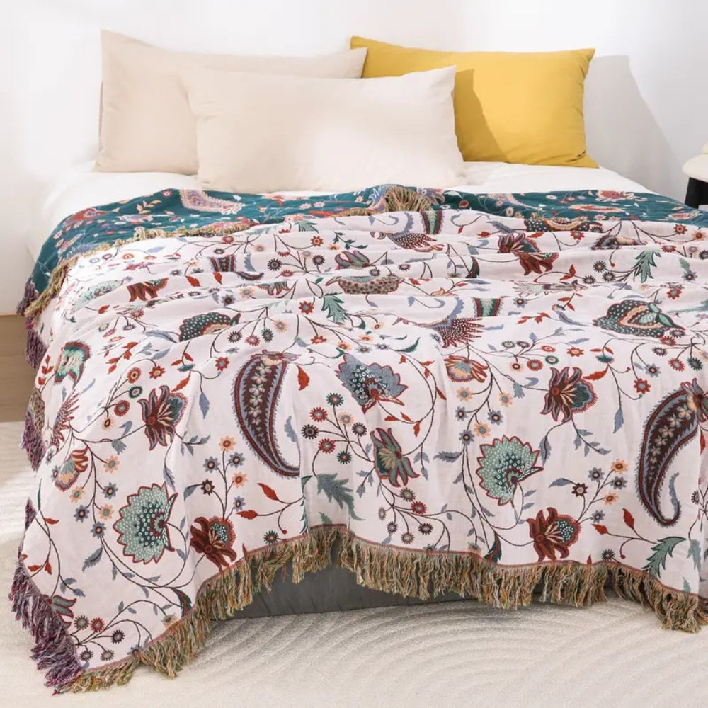 Reversible Cotton Blanket, Floral Design, 60 x 80 Inches, Soft, Machine Washable, Decorative Tassels 6