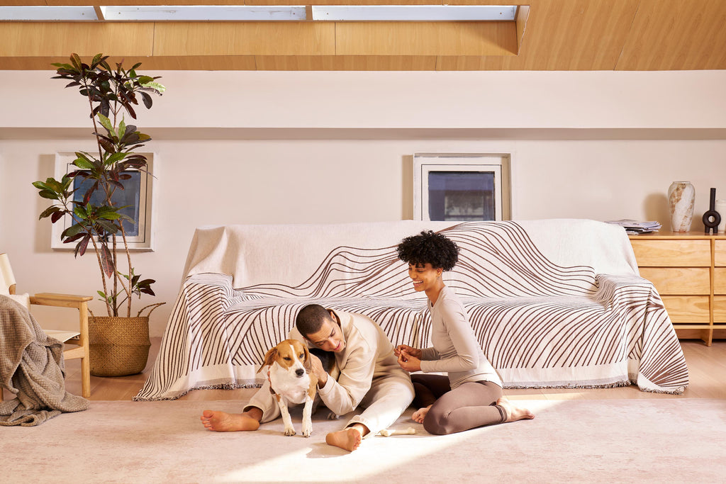 Reversible jacquard sofa cover in soft gray and cream, featuring an intricate woven pattern. Made from durable, pet-friendly fabric, it effortlessly protects 8