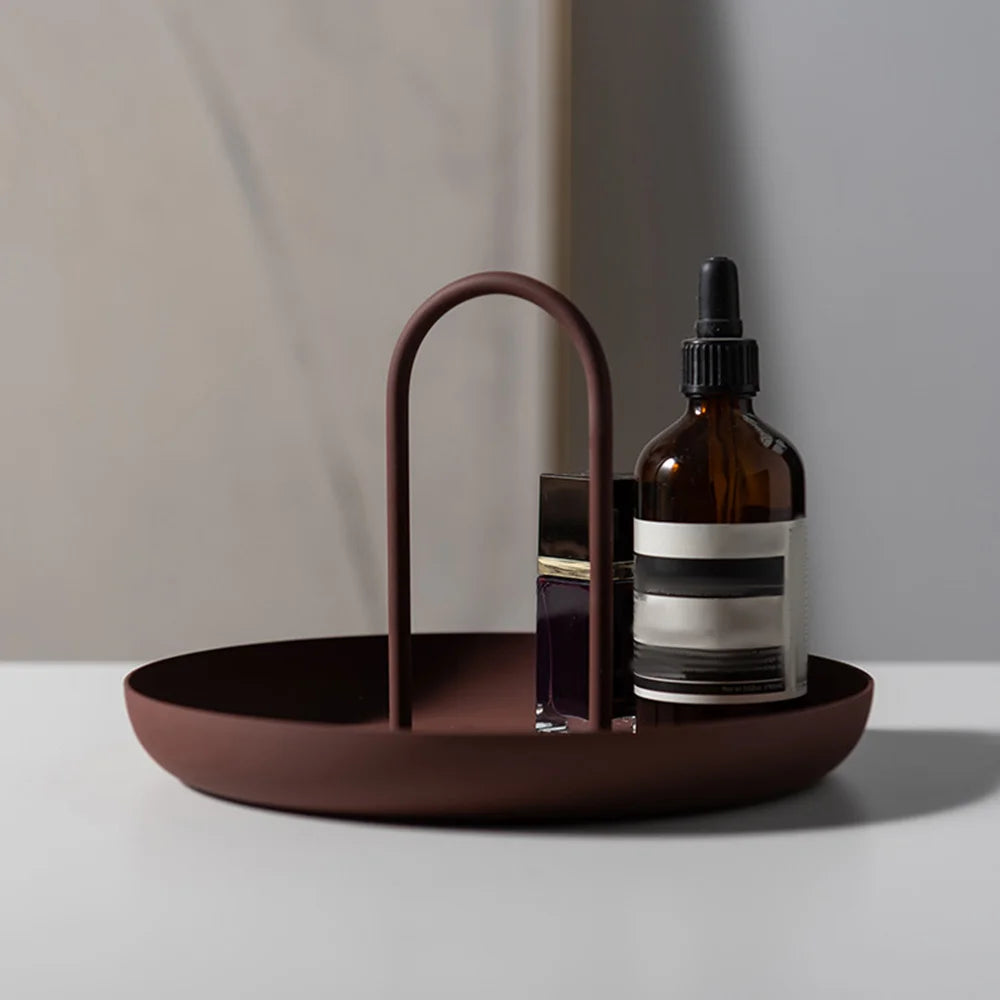 Round PU-Leather Storage Tray with Handle for Home Decor, 7.9 in Diameter, Lightweight, Modern Design, Available in Black, Brown, White 0