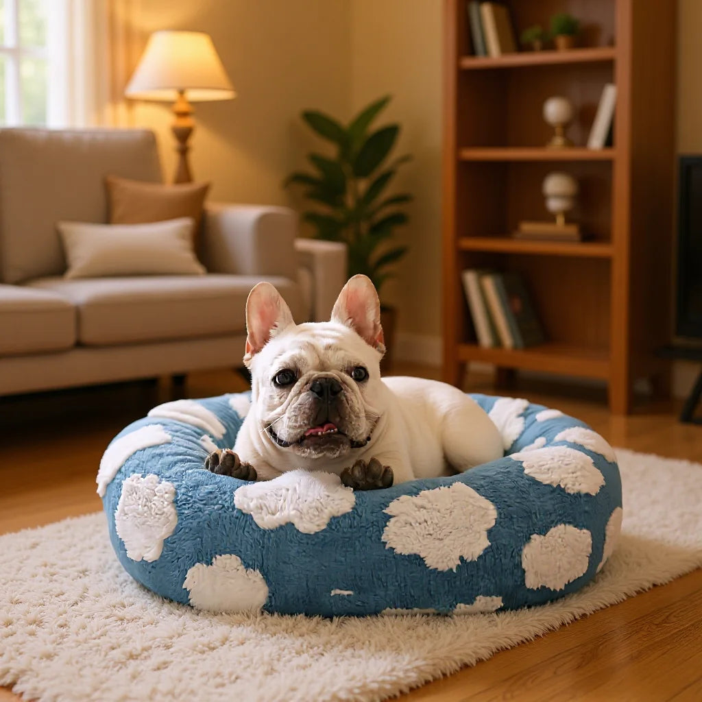 Round soft cozy pet bed for dogs and cats in a plush gray fabric. Features a raised edge for support and comfort, designed for all-season use. 0