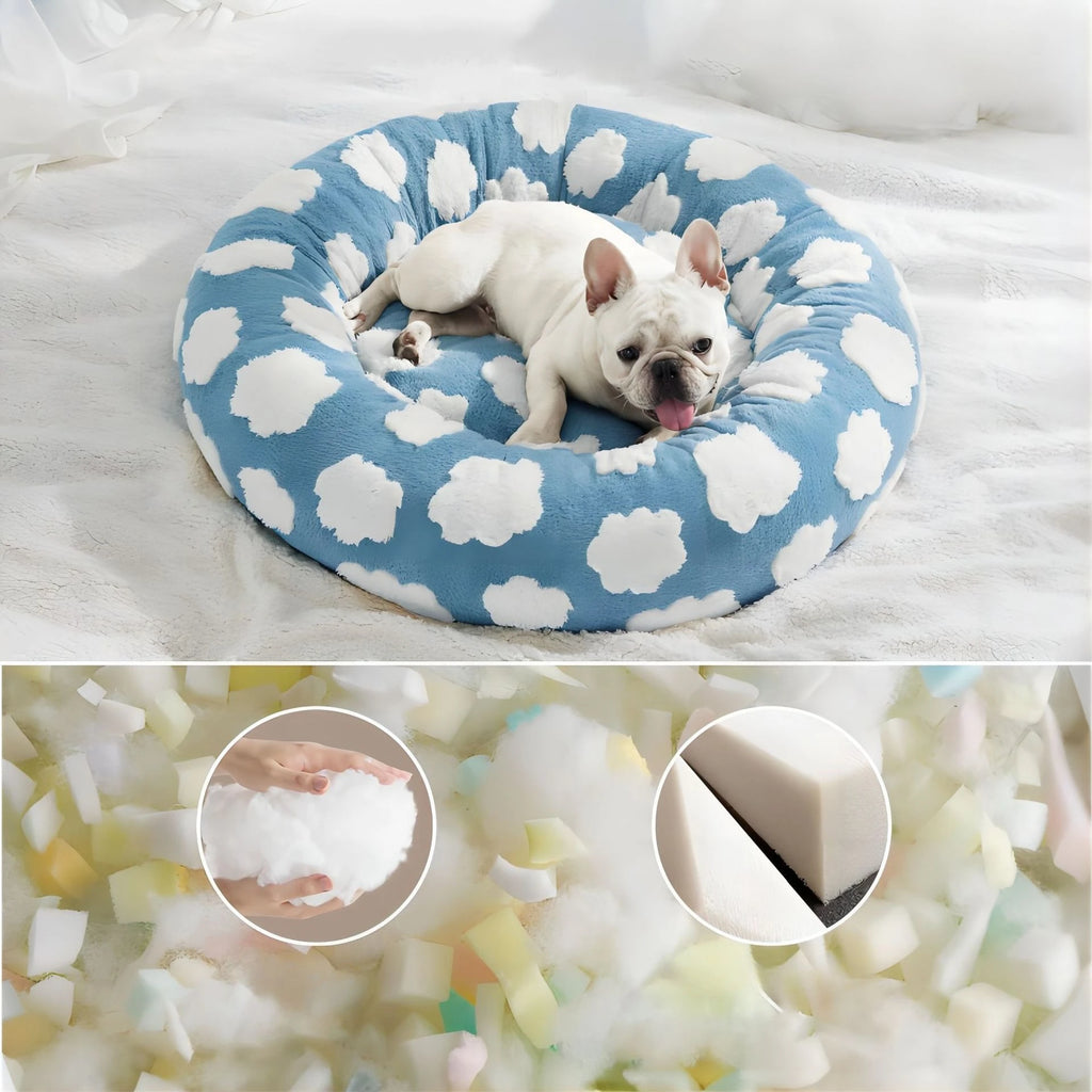 Round soft cozy pet bed for dogs and cats, featuring plush fabric in a light grey color. The large size is perfect for all-season use, providing 1