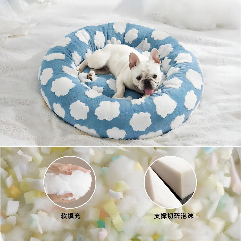 Round soft cozy pet bed for dogs and cats, featuring a plush, faux fur surface in a warm beige color. Ideal for all seasons, this large 3
