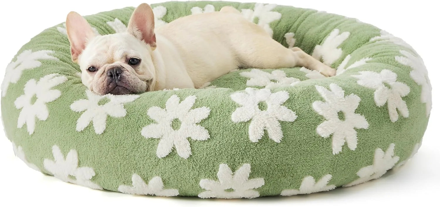 Large round soft cozy pet bed for dogs and cats, made from durable plush fabric in a neutral beige color. Features a fluffy rim for added comfort and 8