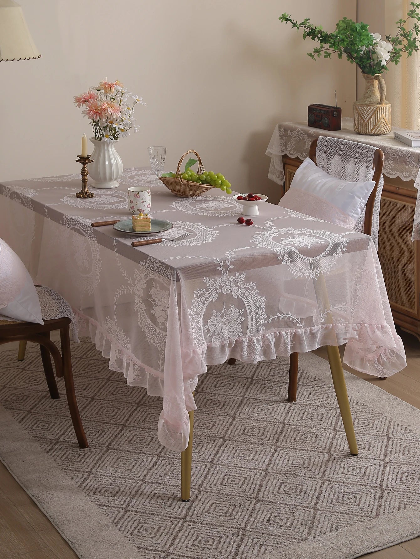 Rustic Pink Lace Tablecloth 60x84 for Dining, Living Room & Wedding Decor 0
