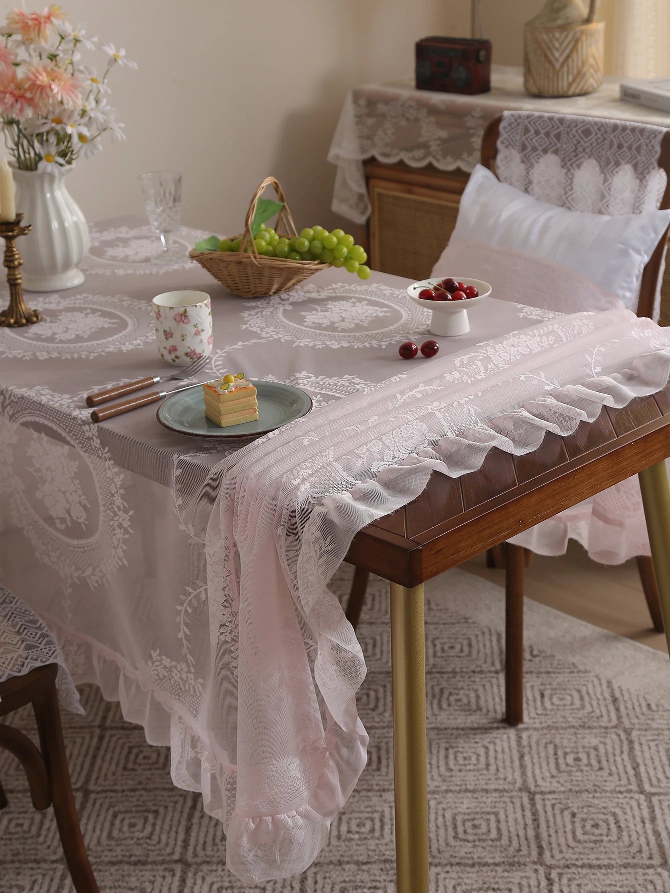 Rustic Pink Lace Tablecloth 60x84 for Dining, Living Room & Wedding Decor 1