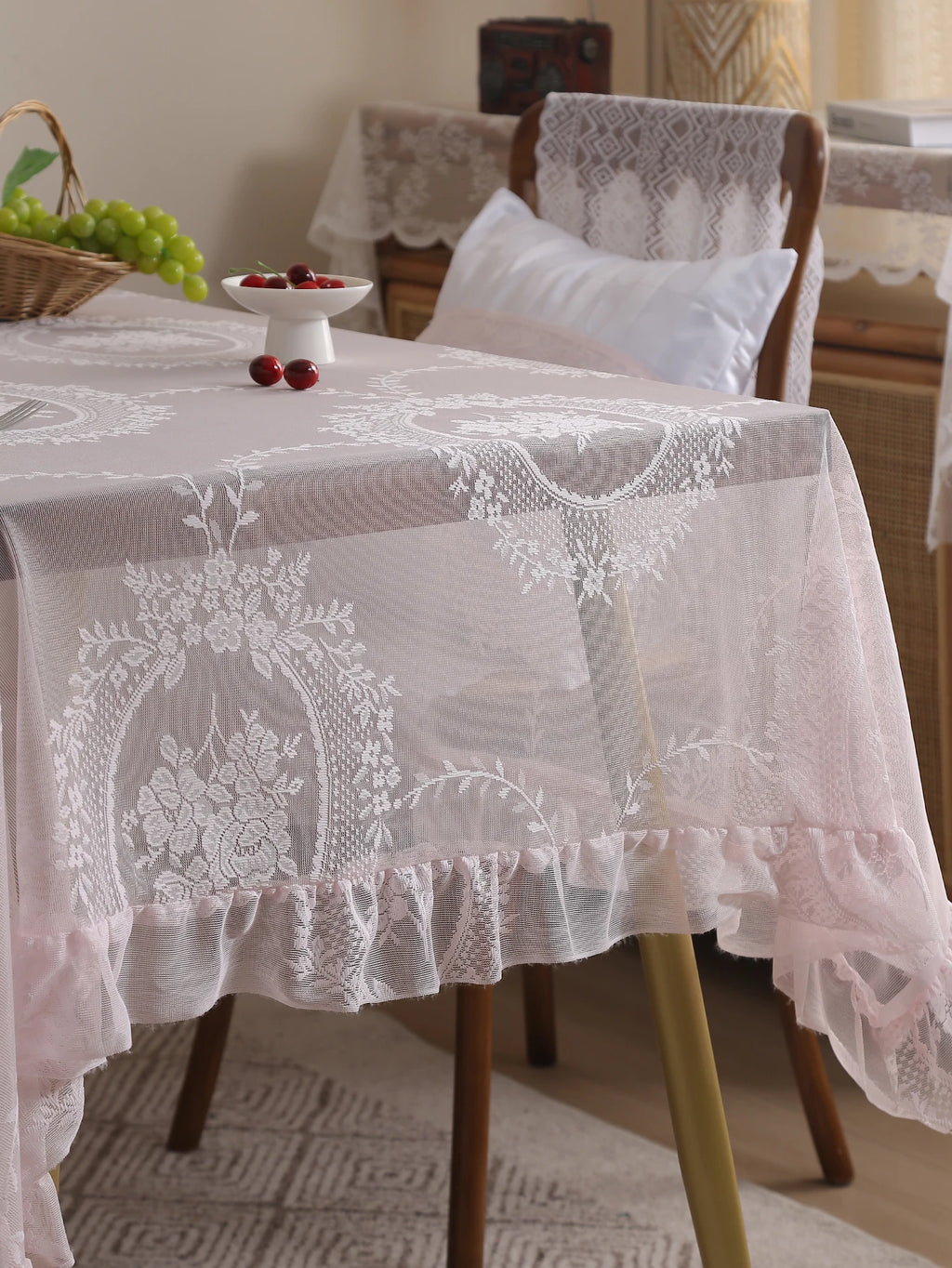 Rustic Pink Lace Tablecloth 60x84 for Dining, Living Room & Wedding Decor 2
