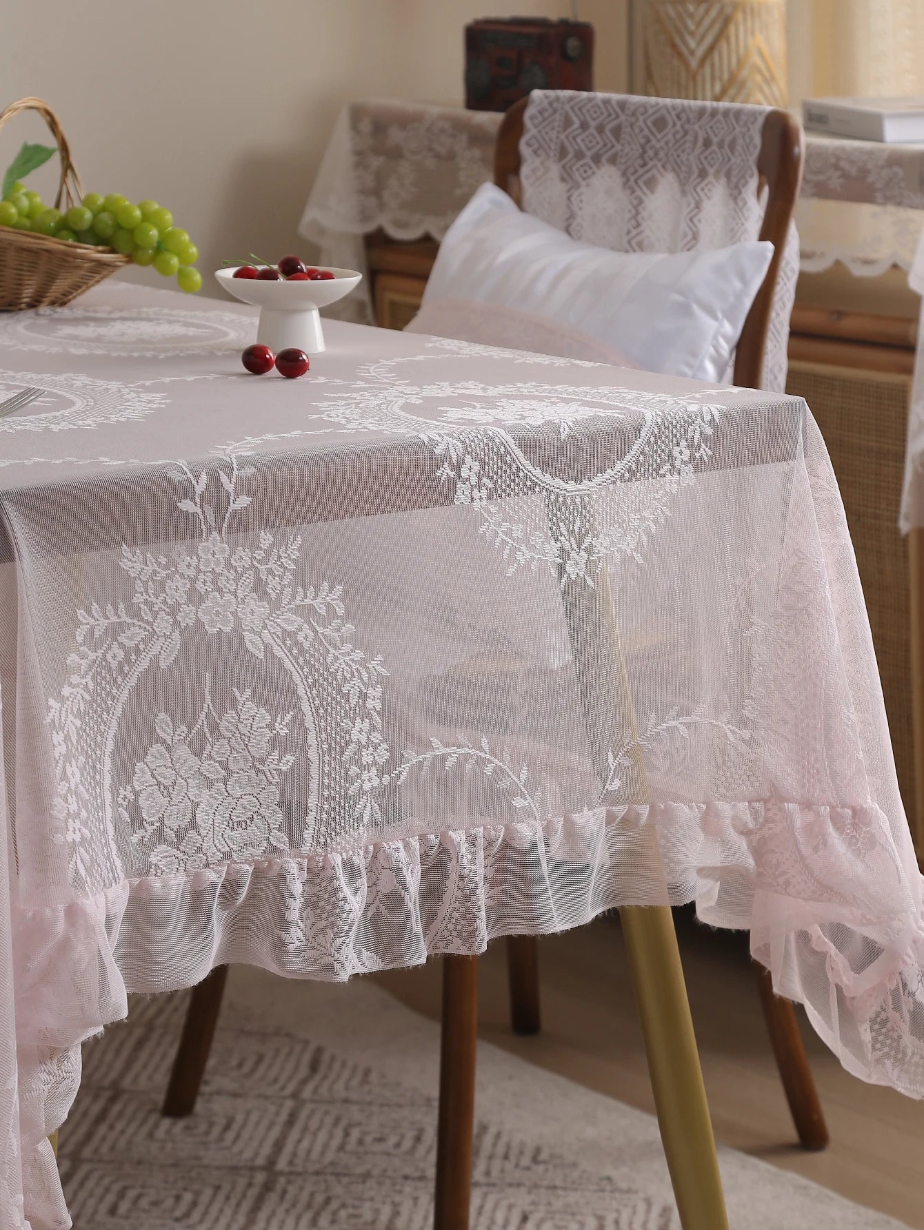 Rustic Pink Lace Tablecloth 60x84 for Dining, Living Room & Wedding Decor 2
