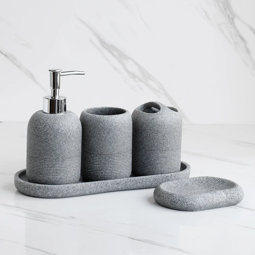 Variant image for 5-Piece Bathroom Accessories Set in Beige and Grey – Lotion Dispenser, Toothbrush Holder, Tray, Tumbler Cup, Soap Dish-2