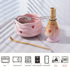 Ceramic Matcha Set with Pink Heart Decals - Complete Matcha Bowl, Whisk, Holder, Bamboo Scoop, and Sifter-4