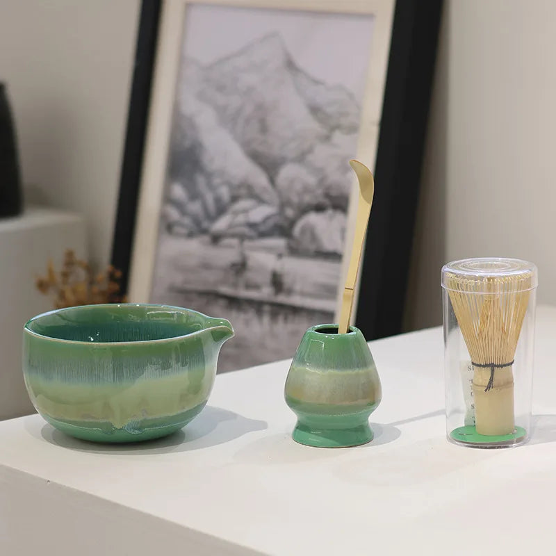 2025 Glaze Gradient Matcha Tea Set – 4-Piece Ceramic Bowl with Bamboo Whisk and Scoop-2