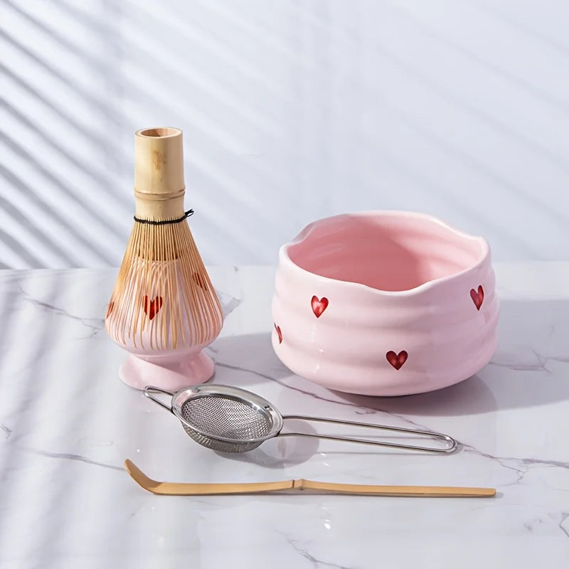 Ceramic Matcha Set with Pink Heart Decals - Complete Matcha Bowl, Whisk, Holder, Bamboo Scoop, and Sifter-1