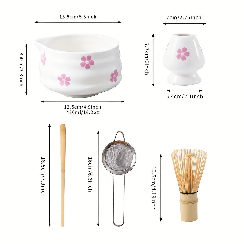 5-Piece Elegant Cherry Blossom Matcha Tea Set – Japanese Ceramic Bowl Set with Whisk for Perfect Matcha Preparation-5