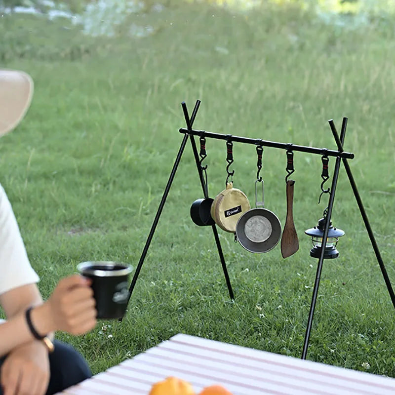 Portable Folding Tripod Camping Rack – Lightweight Aluminum Alloy Stand with Hooks for Cookware and Gear-4