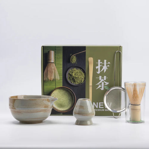 Rustic Hand Glazed 5-Piece Ceramic Matcha Set with Bamboo Whisk and Tea Tools-2