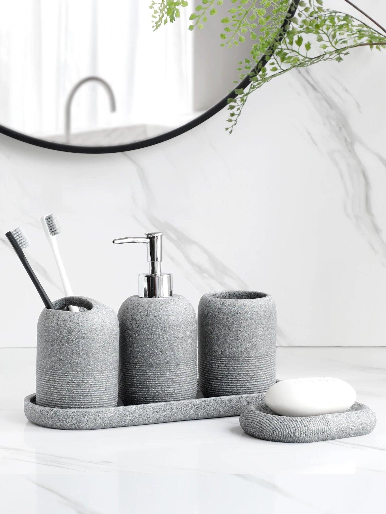 5-Piece Bathroom Accessories Set in Beige and Grey – Lotion Dispenser, Toothbrush Holder, Tray, Tumbler Cup, Soap Dish-2