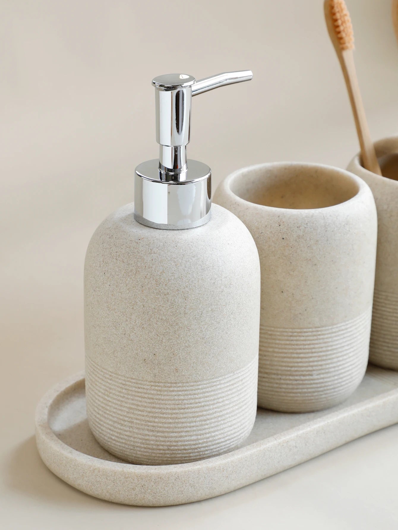 5-Piece Bathroom Accessories Set in Beige and Grey – Lotion Dispenser, Toothbrush Holder, Tray, Tumbler Cup, Soap Dish-5