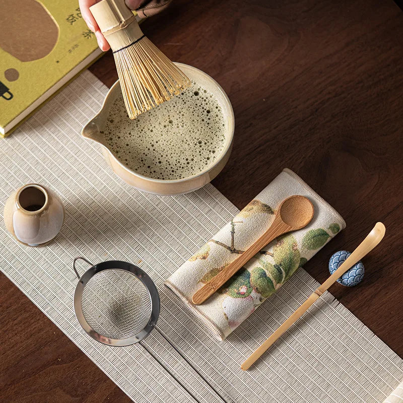 Vintage 7-Piece Matcha Set with Ceramic Bowl, Chasen Whisk, and Bamboo Scoop for Traditional Tea Ceremony-3