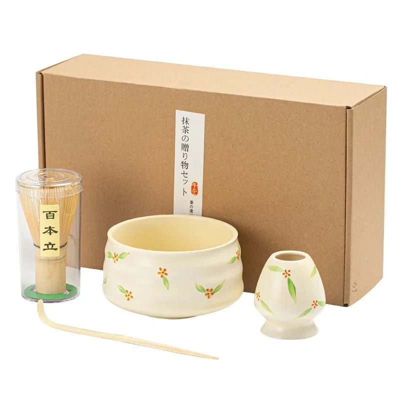 Elegant Ceramic Matcha Teaware Set with Whisk and Spoon – Dark Red with Cherry Blossom Design for Authentic Japanese Tea Experience-5