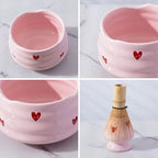 Ceramic Matcha Set with Pink Heart Decals - Complete Matcha Bowl, Whisk, Holder, Bamboo Scoop, and Sifter-5