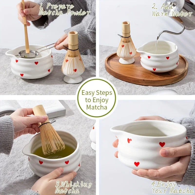 Heart-Shaped Japanese Matcha Bowl Set with Whisk – Authentic Tea Ceremony Tool for Matcha Preparation-3