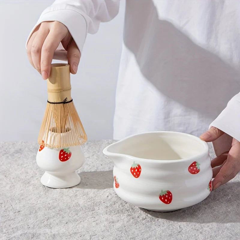 Japanese Strawberry Matcha Bowl Set with Whisk – Cute Ceramic Tea Bowl for Authentic Matcha Experience-2
