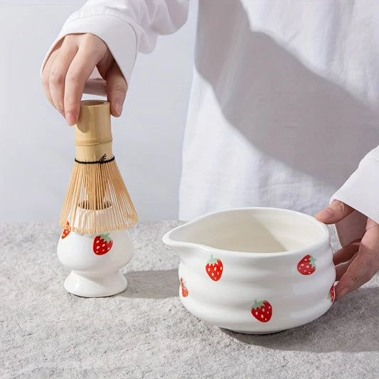 Japanese Strawberry Matcha Bowl Set with Whisk – Cute Ceramic Tea Bowl for Authentic Matcha Experience-2