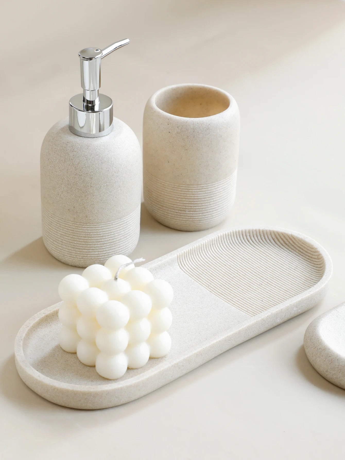 5-Piece Bathroom Accessories Set in Beige and Grey – Lotion Dispenser, Toothbrush Holder, Tray, Tumbler Cup, Soap Dish-3