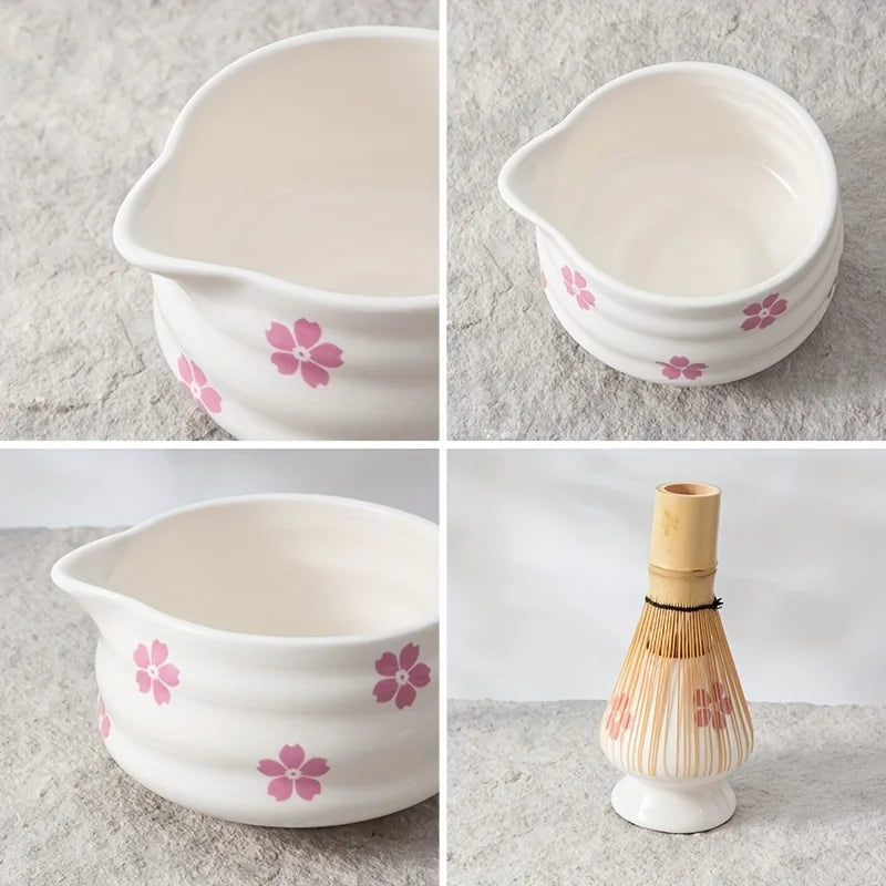 5-Piece Elegant Cherry Blossom Matcha Tea Set – Japanese Ceramic Bowl Set with Whisk for Perfect Matcha Preparation-3
