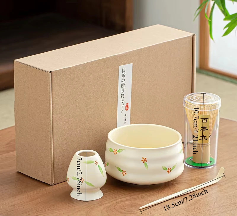 Variant image for Elegant Ceramic Matcha Teaware Set with Whisk and Spoon – Dark Red with Cherry Blossom Design for Authentic Japanese Tea Experience-1