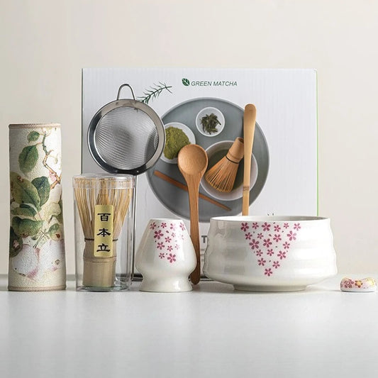 Premium 8-Piece Matcha Tea Set with Ceramic Bowl, Bamboo Whisk, Frother, and Sakura Design for Authentic Ceremonies-1