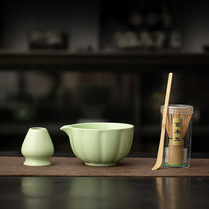 Pink Pumpkin Petal Matcha Tea Set – 4-Piece Tea Set with Bamboo Whisk, Teaspoon, and Bowls for Perfect Indoor Brewing