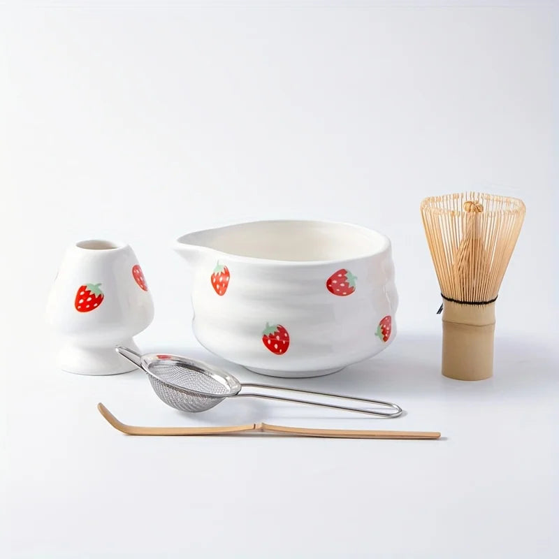 Japanese Strawberry Matcha Bowl Set with Whisk – Cute Ceramic Tea Bowl for Authentic Matcha Experience-4