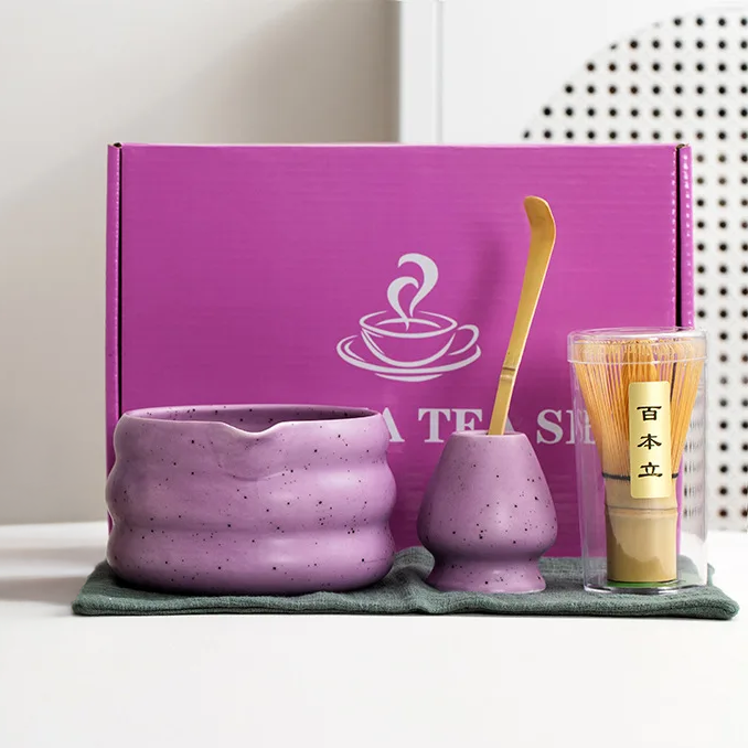 Traditional Japanese Matcha Whisk Set – Ceramic Bowl with Spout, Bamboo Whisk, Whisk Holder & Scoop