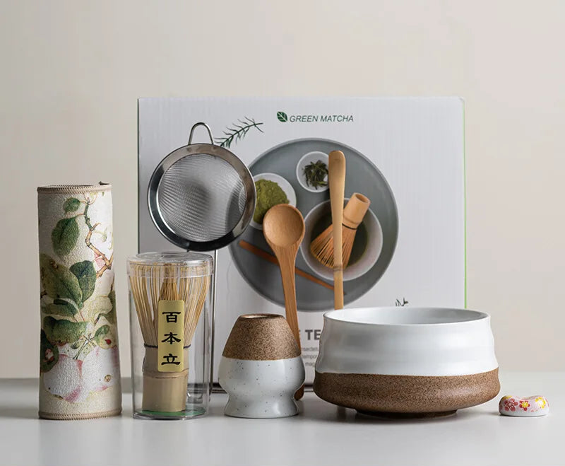 Premium 8-Piece Matcha Tea Set with Ceramic Bowl, Bamboo Whisk, Frother, and Sakura Design for Authentic Ceremonies