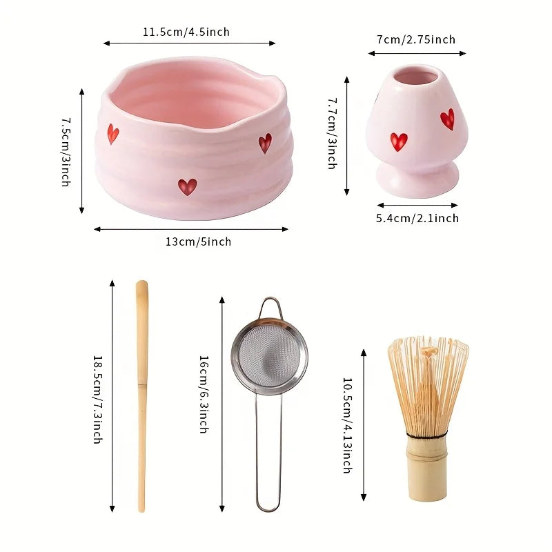Ceramic Matcha Set with Pink Heart Decals - Complete Matcha Bowl, Whisk, Holder, Bamboo Scoop, and Sifter-3