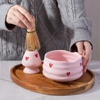 Ceramic Matcha Set with Pink Heart Decals - Complete Matcha Bowl, Whisk, Holder, Bamboo Scoop, and Sifter-2