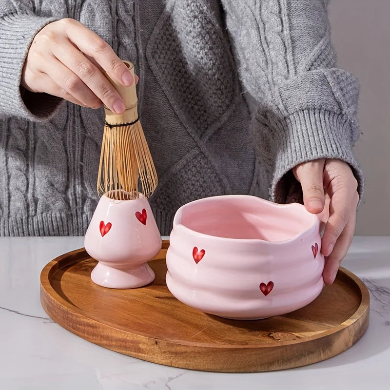 Ceramic Matcha Set with Pink Heart Decals - Complete Matcha Bowl, Whisk, Holder, Bamboo Scoop, and Sifter-2