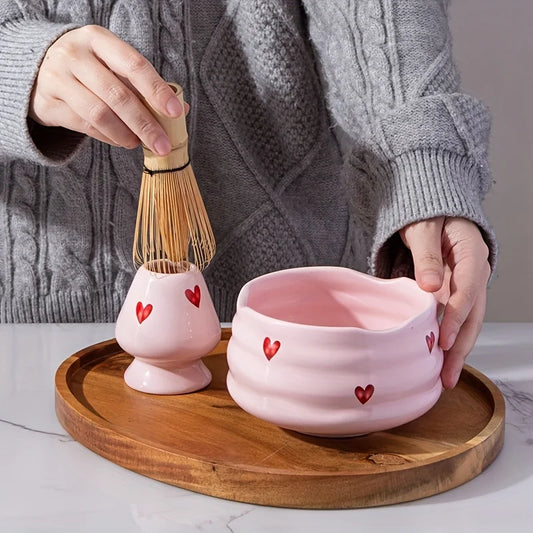 Ceramic Matcha Set with Pink Heart Decals - Complete Matcha Bowl, Whisk, Holder, Bamboo Scoop, and Sifter-2