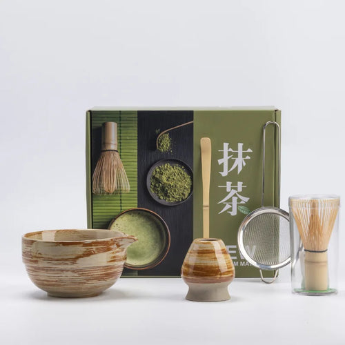 Rustic Hand Glazed 5-Piece Ceramic Matcha Set with Bamboo Whisk and Tea Tools-1